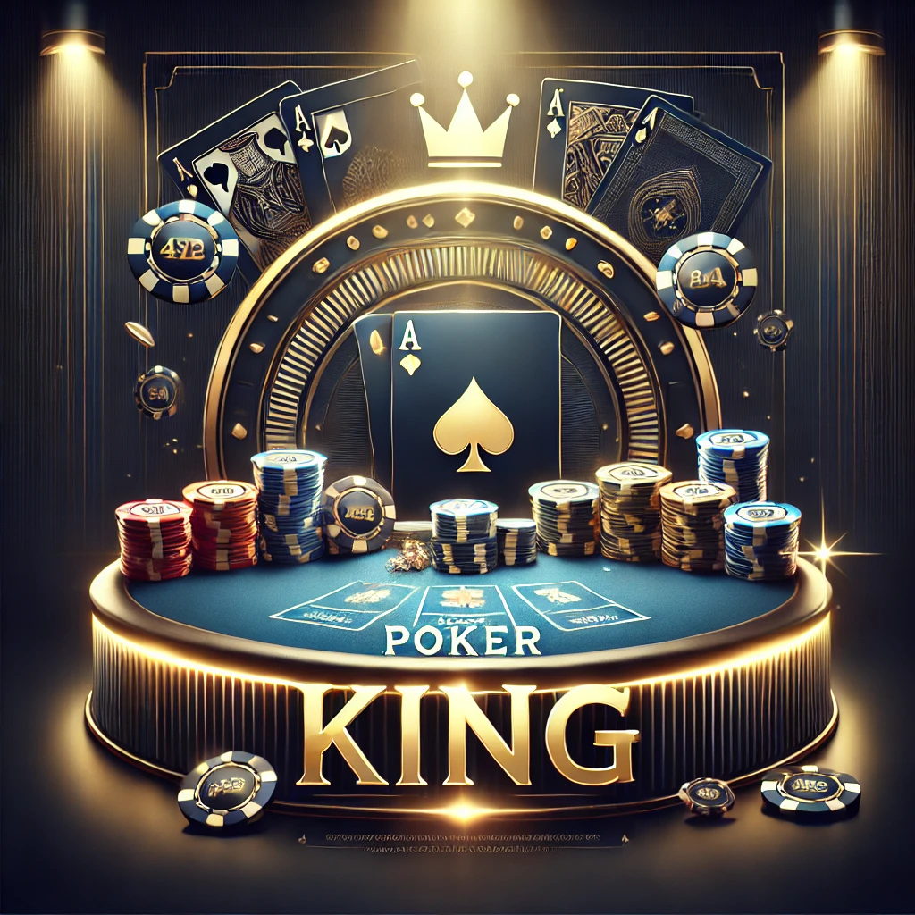 Promotional banner for PokerKing showcasing poker chips, playing cards (Ace and King), and a glowing poker table with gold and royal blue accents, emphasizing luxury and excitement with a crown motif.