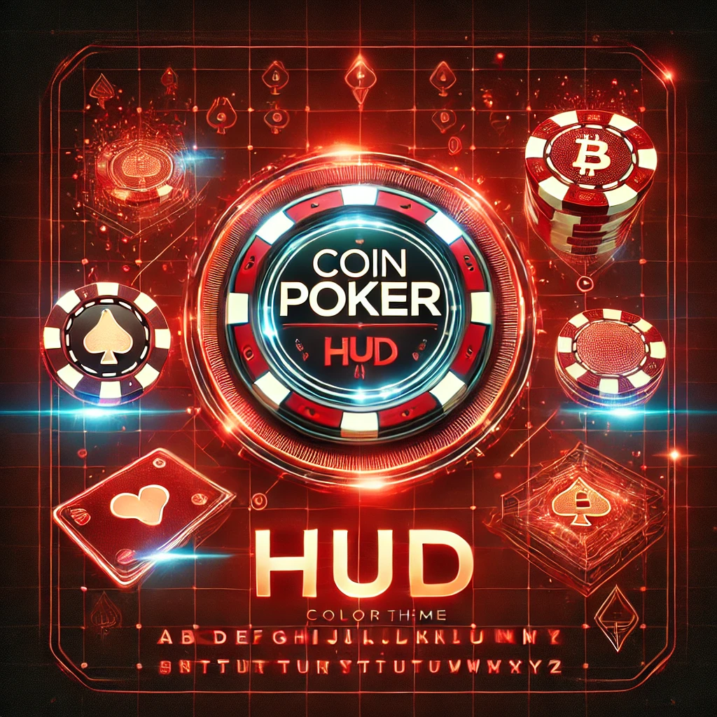 A futuristic red poker interface with the words "Coin Poker" and "HUD" glowing, surrounded by holographic chips and cards.