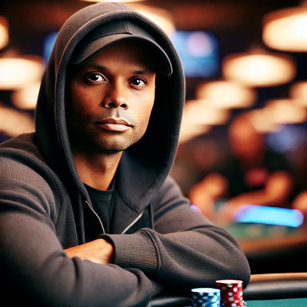 Phil Ivey sitting at a poker table wearing a dark hoodie and black baseball cap, focused on the game in a dimly lit casino