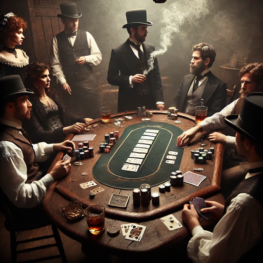 A vintage poker scene with an old wooden table surrounded by players in 19th-century attire, set in a smoky saloon atmosphere with poker chips and cards scattered on the table