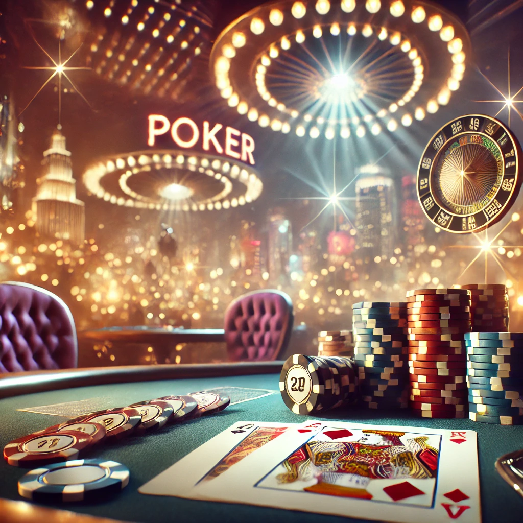  A vibrant and detailed depiction of the world of poker, featuring poker chips, playing cards, and a sleek poker table in a luxurious casino setting. The glowing lights and elegant atmosphere highlight the excitement and sophistication of poker.Poker Platforms Strategy tips