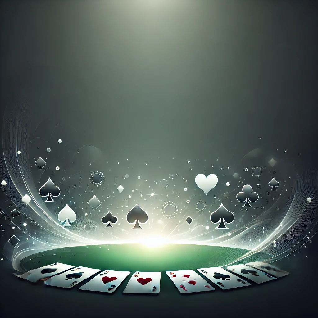 Minimalistic poker-themed background with a dark green to black gradient, featuring faint overlays of playing card suits and a central glowing effect resembling a poker table spotlight.