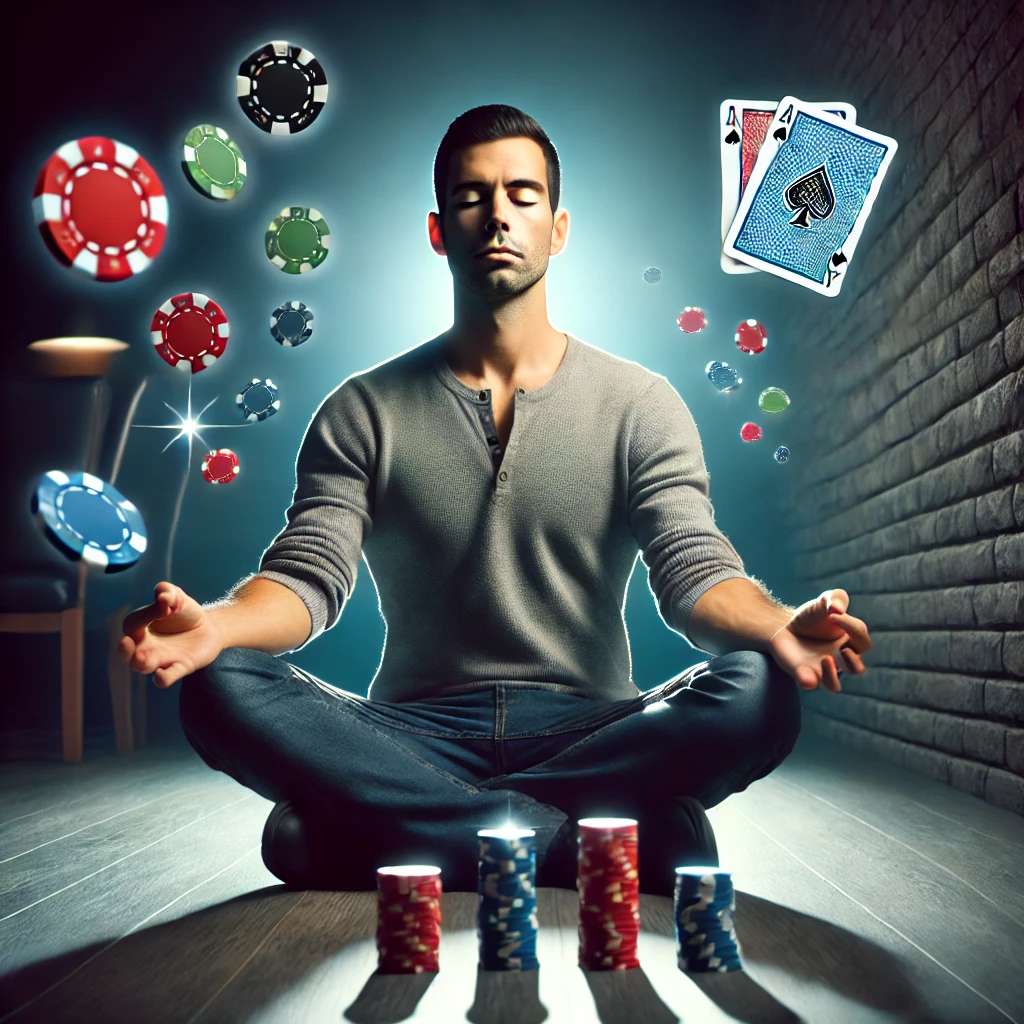 Poker player meditating before a game with floating poker chips and cards, symbolizing focus and strategy.