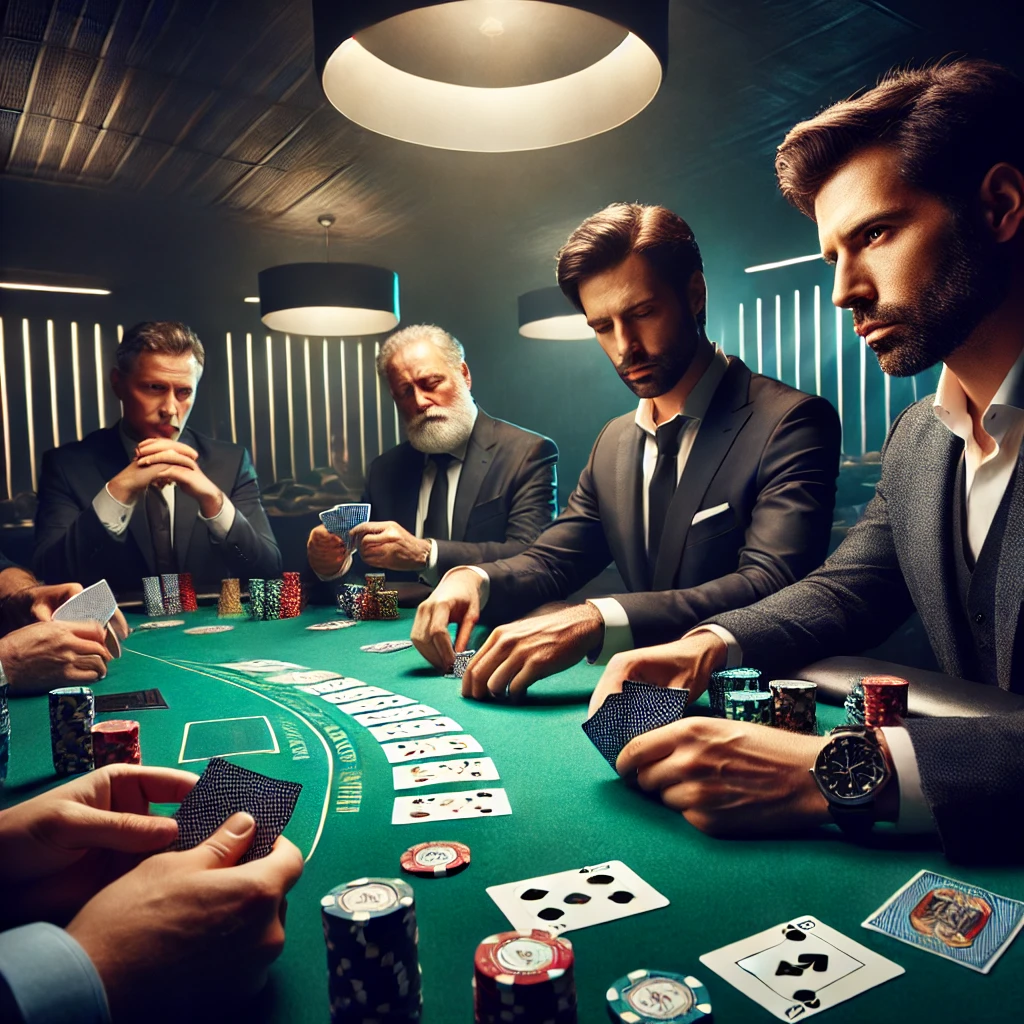 Professional poker tournament scene with players focused on their hands, chips, and strategy at a green-felt table