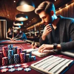 Professional poker player managing their bankroll with poker chips and a notebook at a casino tabl