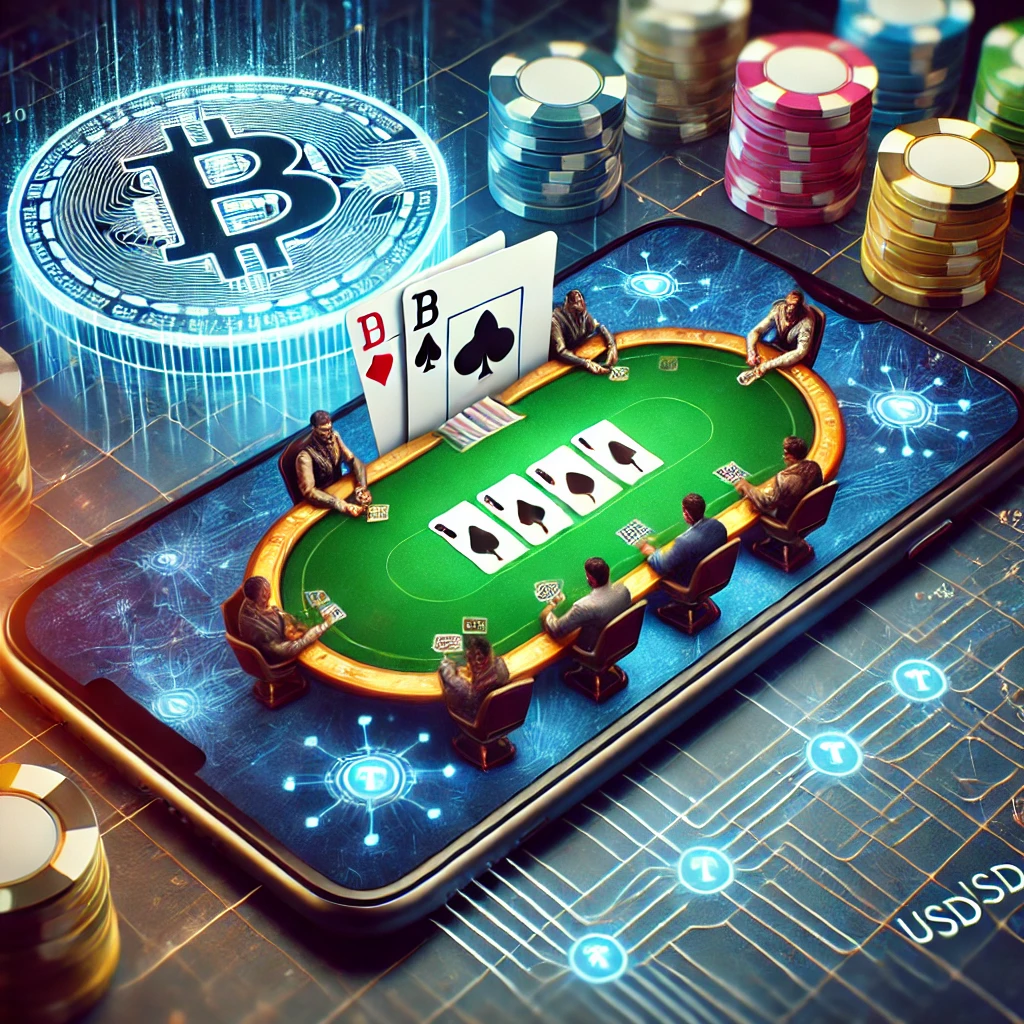 Online poker room with sleek user interface showing poker games on laptop and smartphone, with blockchain graphics in the background.