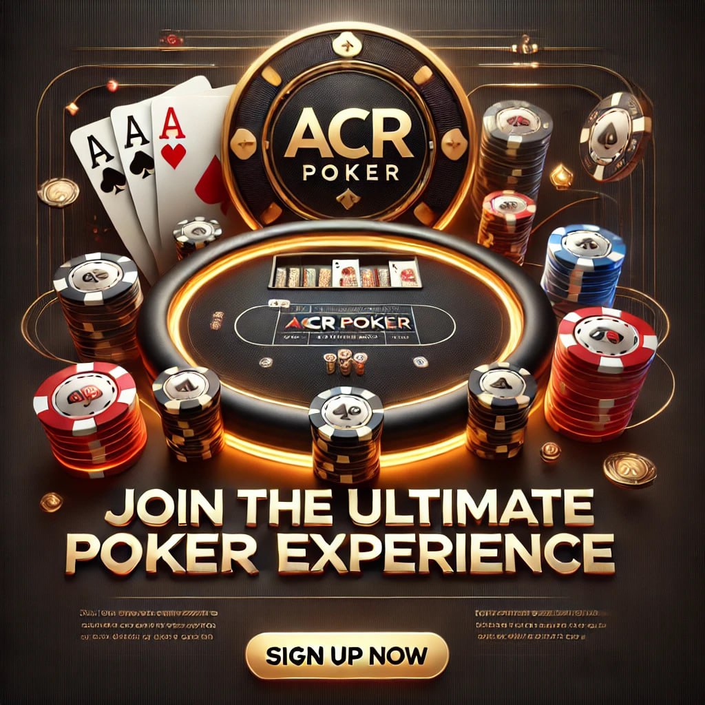 ACR Poker promotional banner featuring poker chips, playing cards (Ace and King), and a glowing tournament table in a sleek dark theme with red and gold accents.
Title Text: ACR Poker - Join the Ultimate Poker Experience