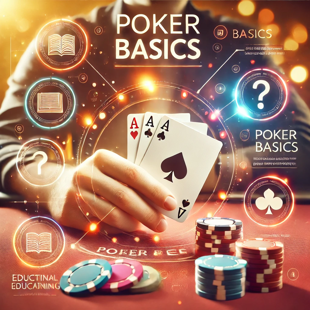 Poker table with cards, chips, and a hand holding a pair of aces, perfect for beginner players.