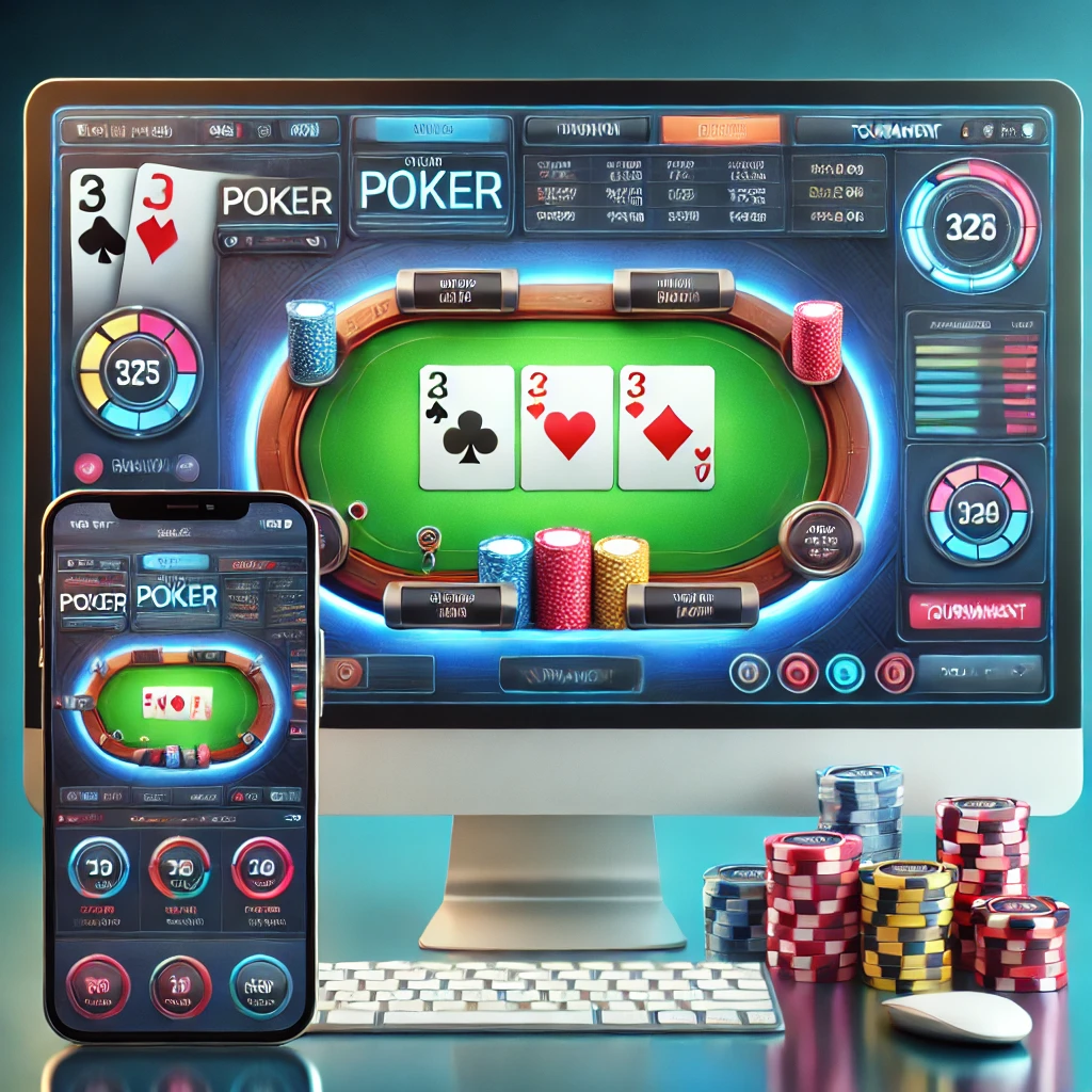 Online poker interface with a virtual poker table, cards, and chips displayed on desktop and mobile devices.