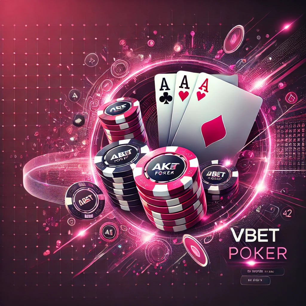  Modern and stylish promotional banner for Vbet Poker in pink and black, featuring poker chips, a deck of cards (Ace and Queen), and a dynamic glowing poker table.