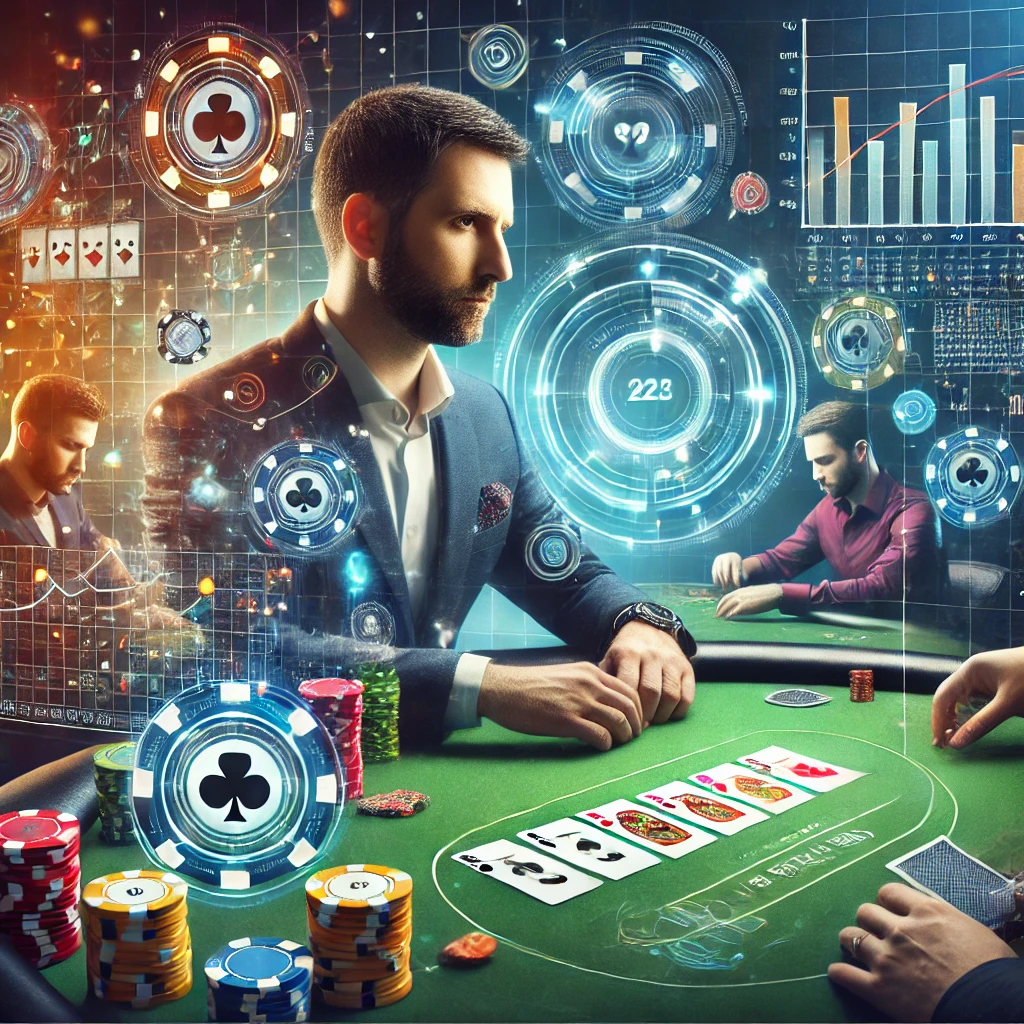 Poker strategy promotion concept illustration, featuring players at a poker table, cards and strategy diagrams