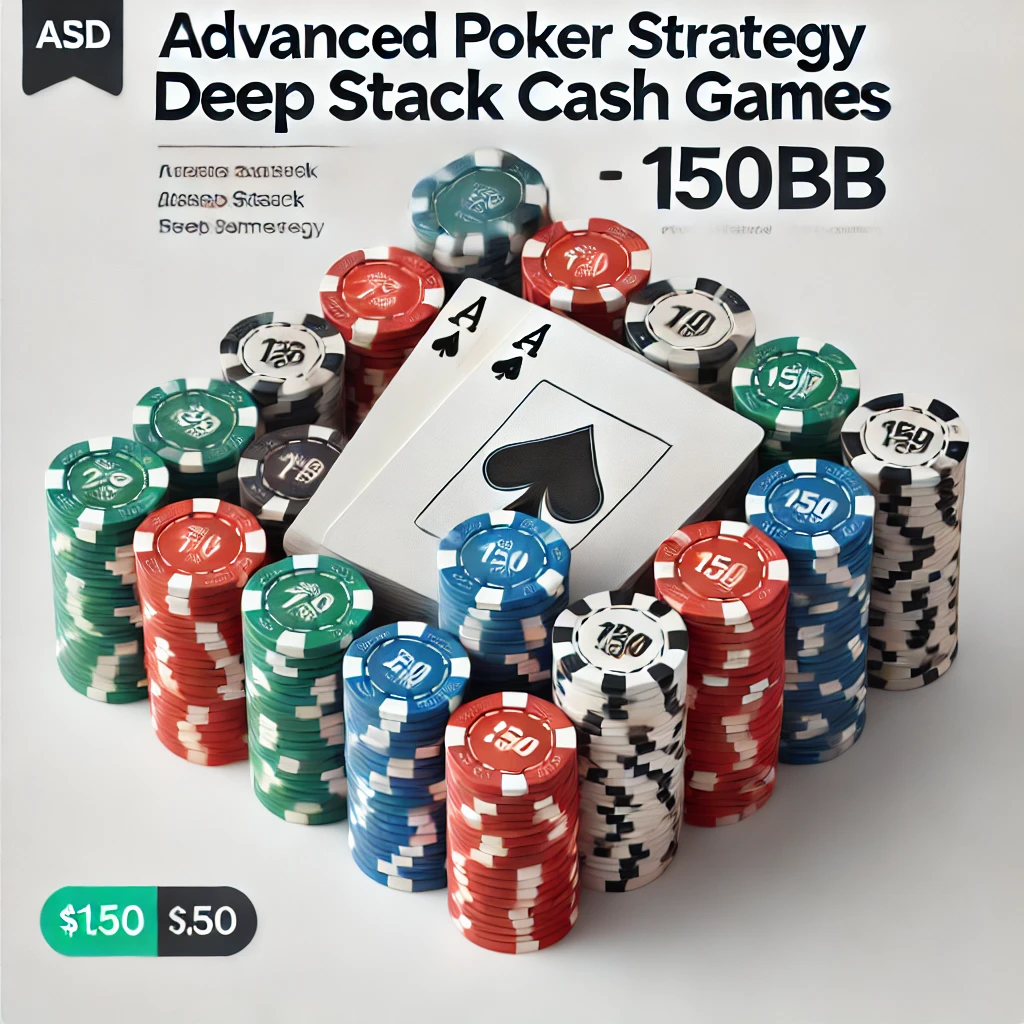 A set of poker chips and playing cards on a white background with the text "Advanced Poker Strategy for Deep Stack Cash Games (150BB)