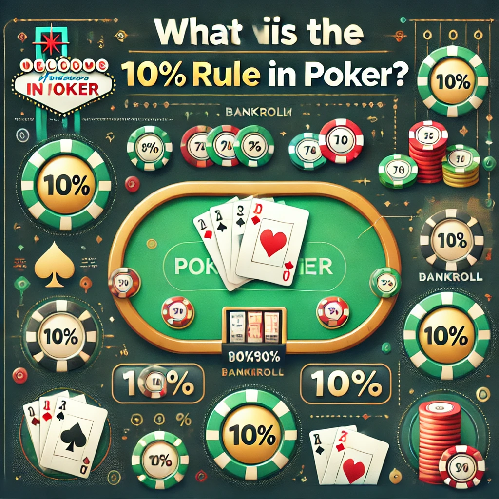 Poker infographic illustrating the 10% rule in bankroll management, featuring chips, cards, and highlighted percentages