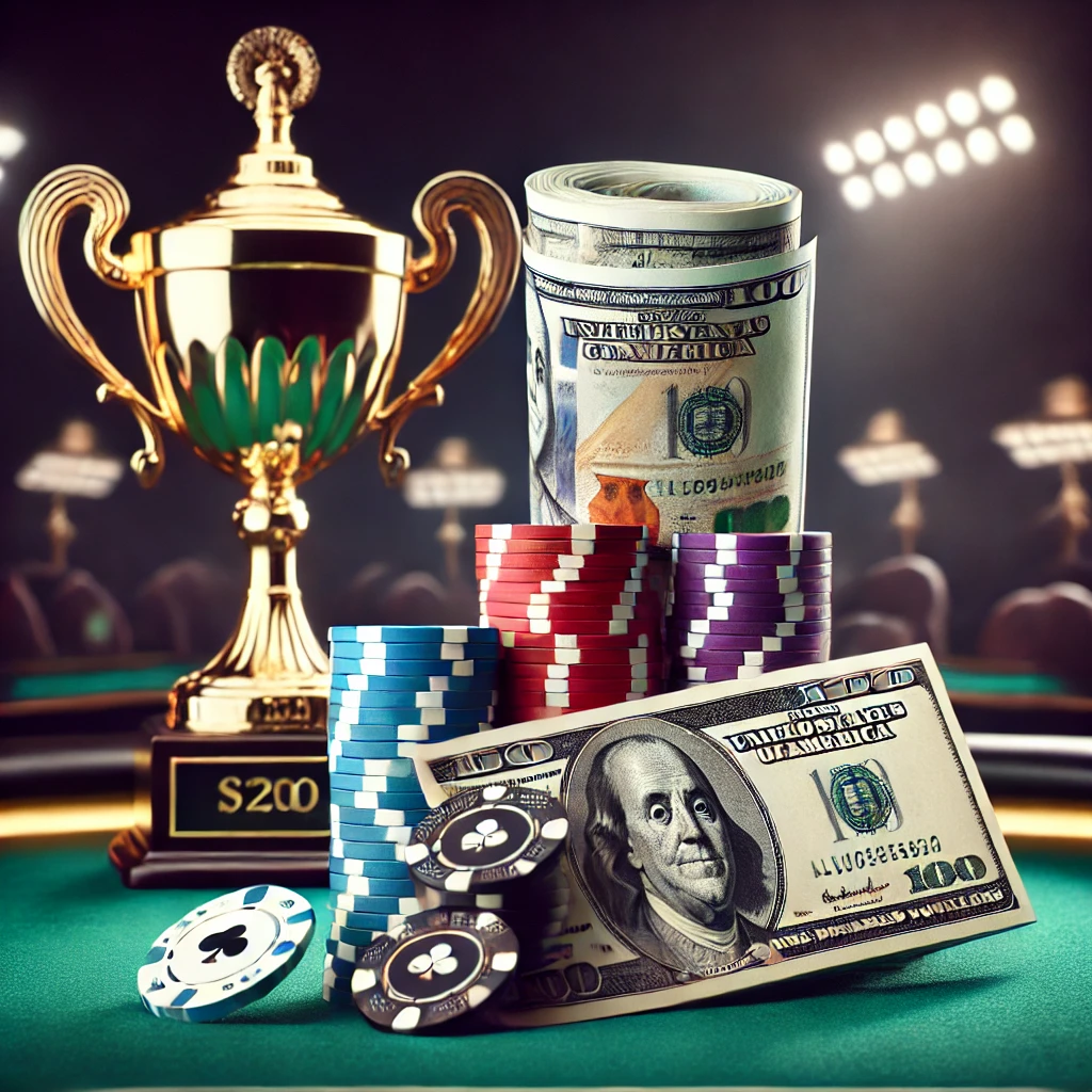 A stack of poker chips and a bankroll of cash on a casino table with a tournament trophy in the background