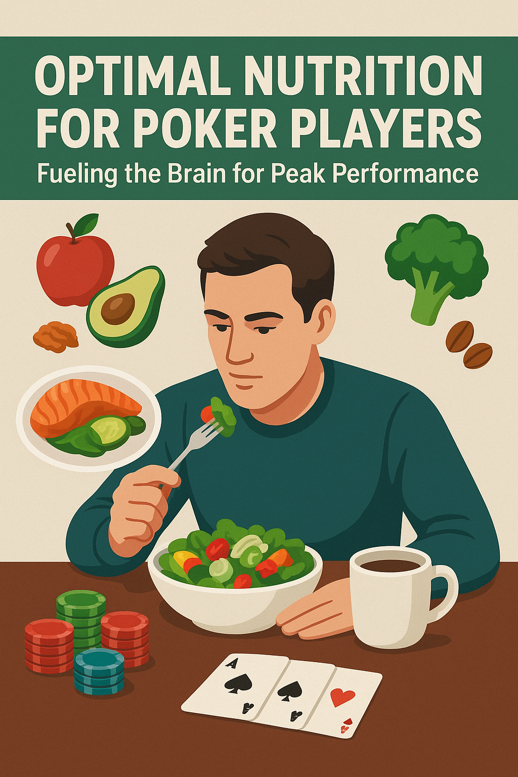 Poker player eating healthy food with salad, salmon, avocado, coffee, and poker chips for optimal brain nutrition