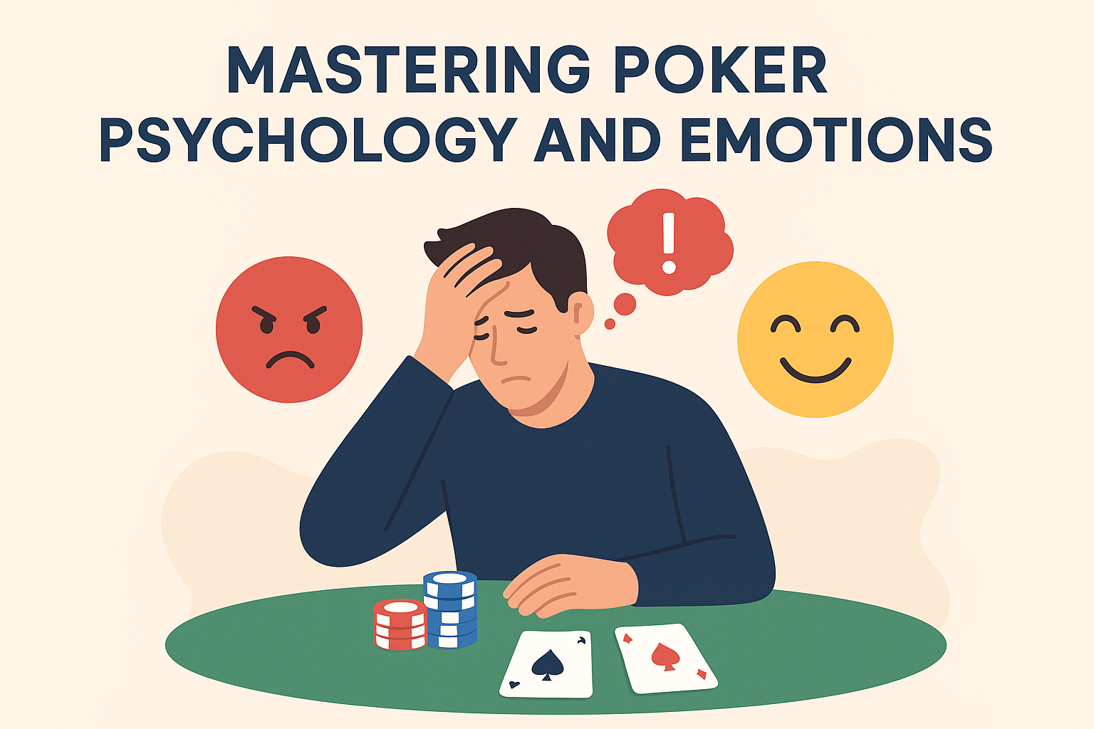 Poker player struggling with emotions at the table, showing frustration and balance in decision-making.
