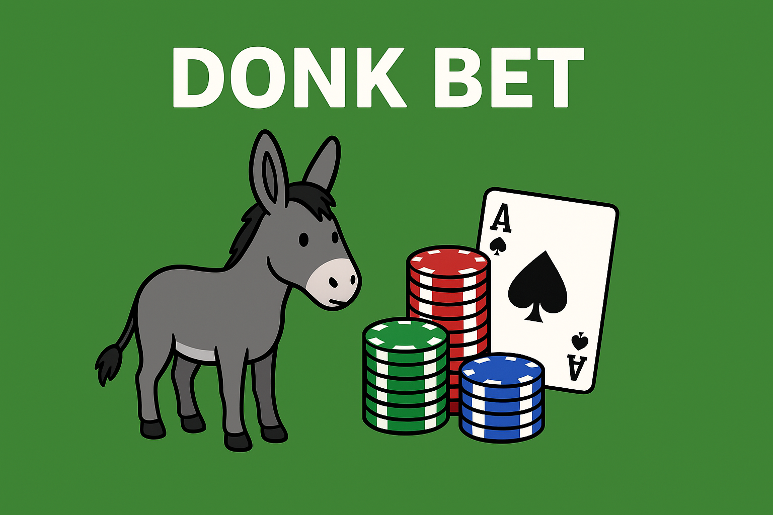 "Cartoon donkey standing next to colorful poker chips and an ace of spades card with the words DONK BET above, symbolizing the concept of a donk bet poker strategy in Texas Hold’em."